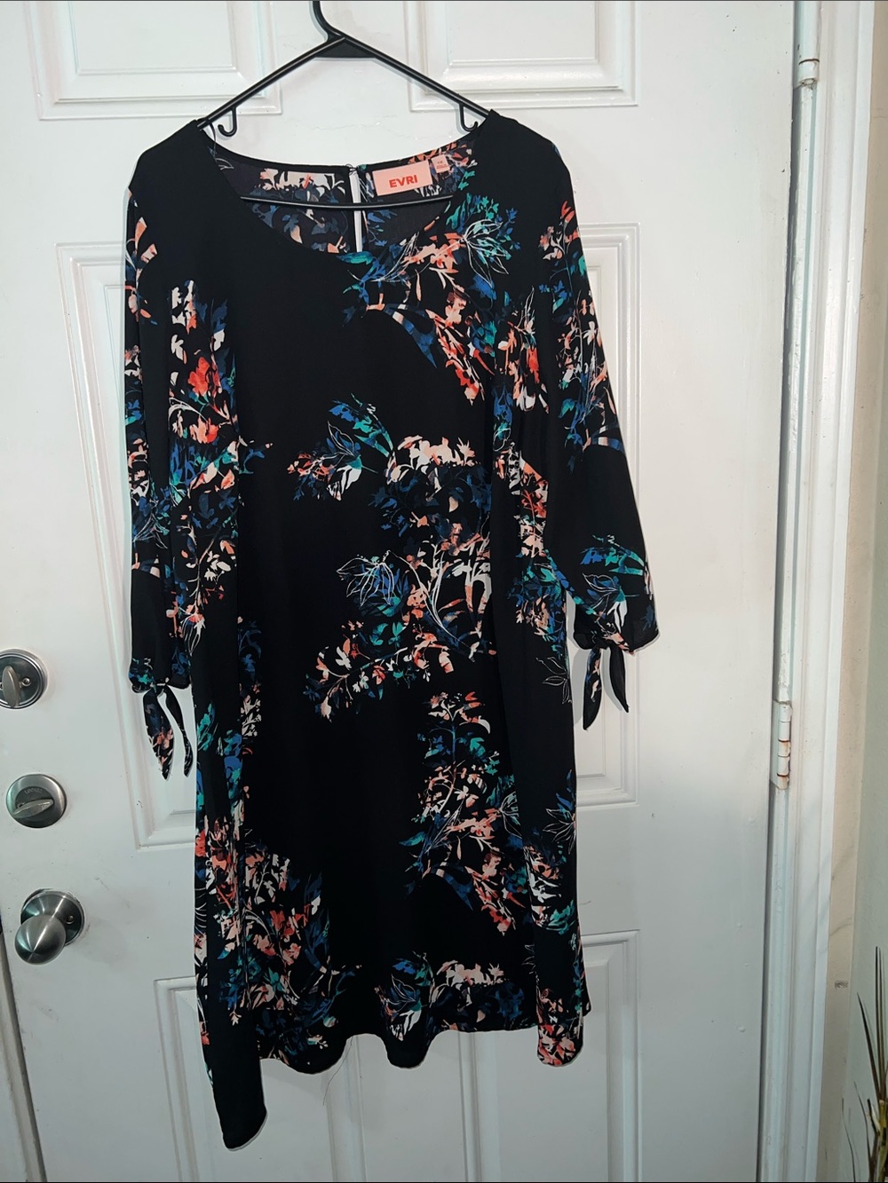 EVRI Black Floral Midi Dress with Teal and Coral Accents